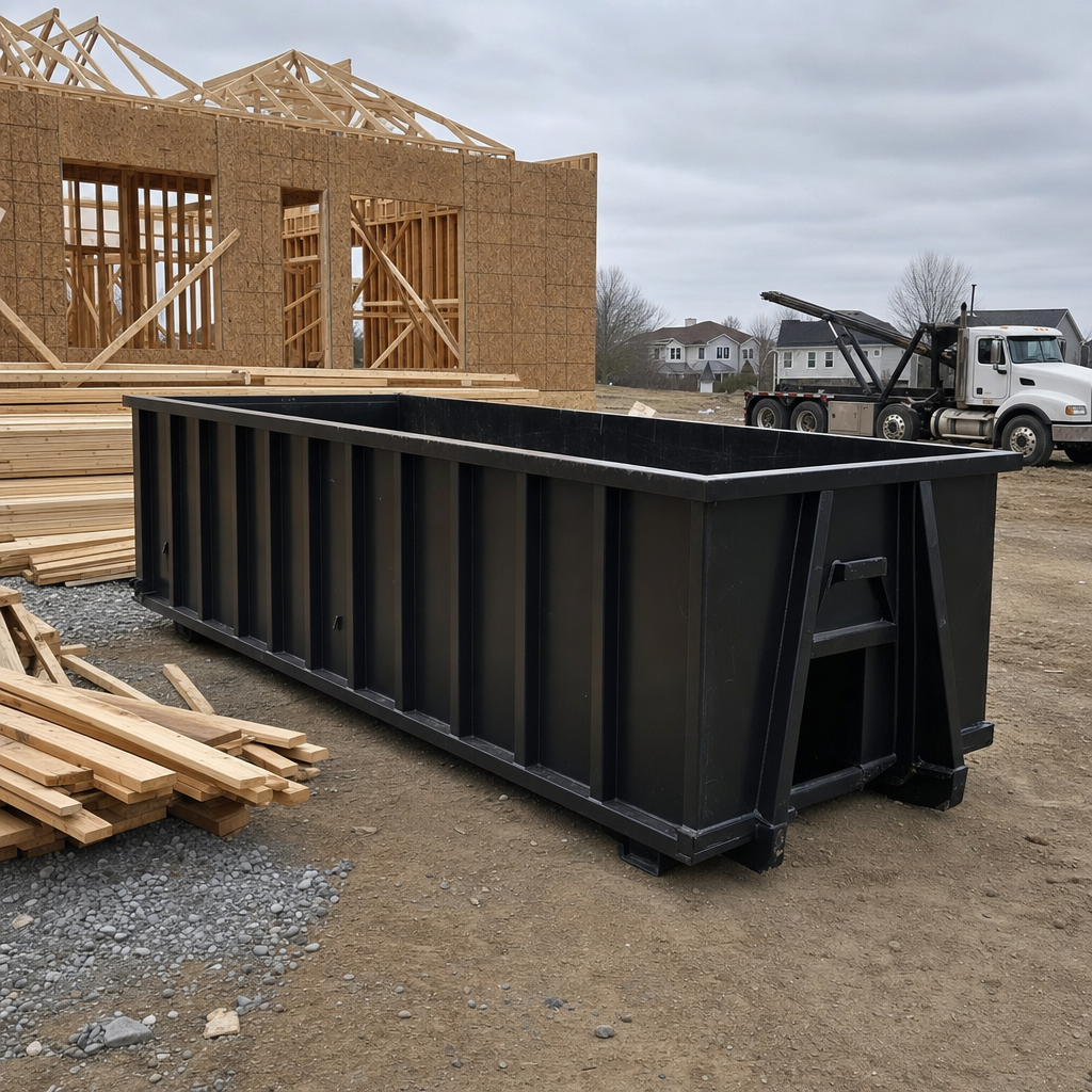 Matte-black 40-yard roll-off dumpster staged on a framed-out residential construction site in Olathe, framing lumber stacked nearby, hooklift delivery truck visible in the background under bright Colorado daylight
