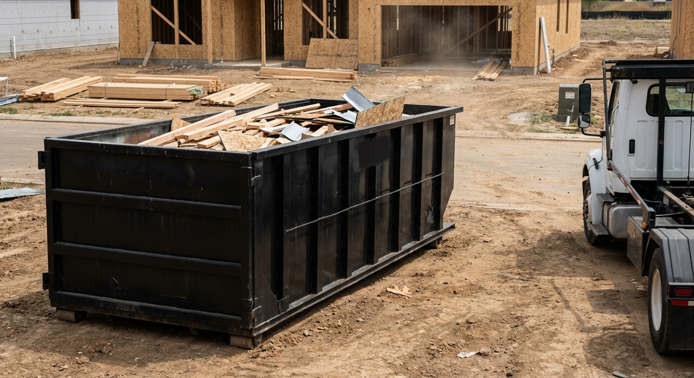Matte-black 20-yard roll-off construction dumpster with heavy ribbed steel sidewalls and swing rear doors at a working jobsite in Olathe, sitting directly on compacted dirt with an unmarked white hauler partially visible at the far edge of the frame.