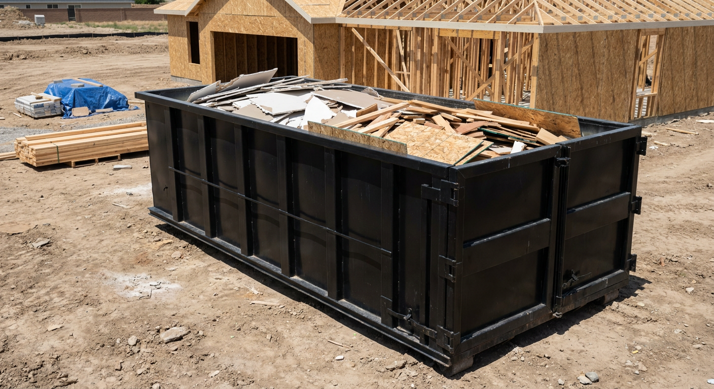 Matte-black 30-yard roll-off construction dumpster sitting directly on the compacted-dirt site of a framed single-family home build in Olathe, drywall and lumber scrap loaded inside.