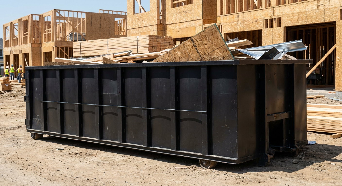 Matte-black 40-yard roll-off construction dumpster being lowered from a white-cab hooklift delivery truck onto the compacted-dirt jobsite at a commercial build site in Olathe