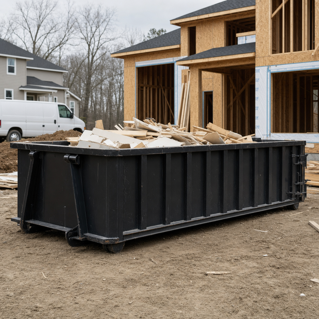 Worker in a yellow high-visibility vest tossing framing lumber and broken drywall into a matte-black 30-yard construction roll-off dumpster on an active build site in Olathe, bright daylight