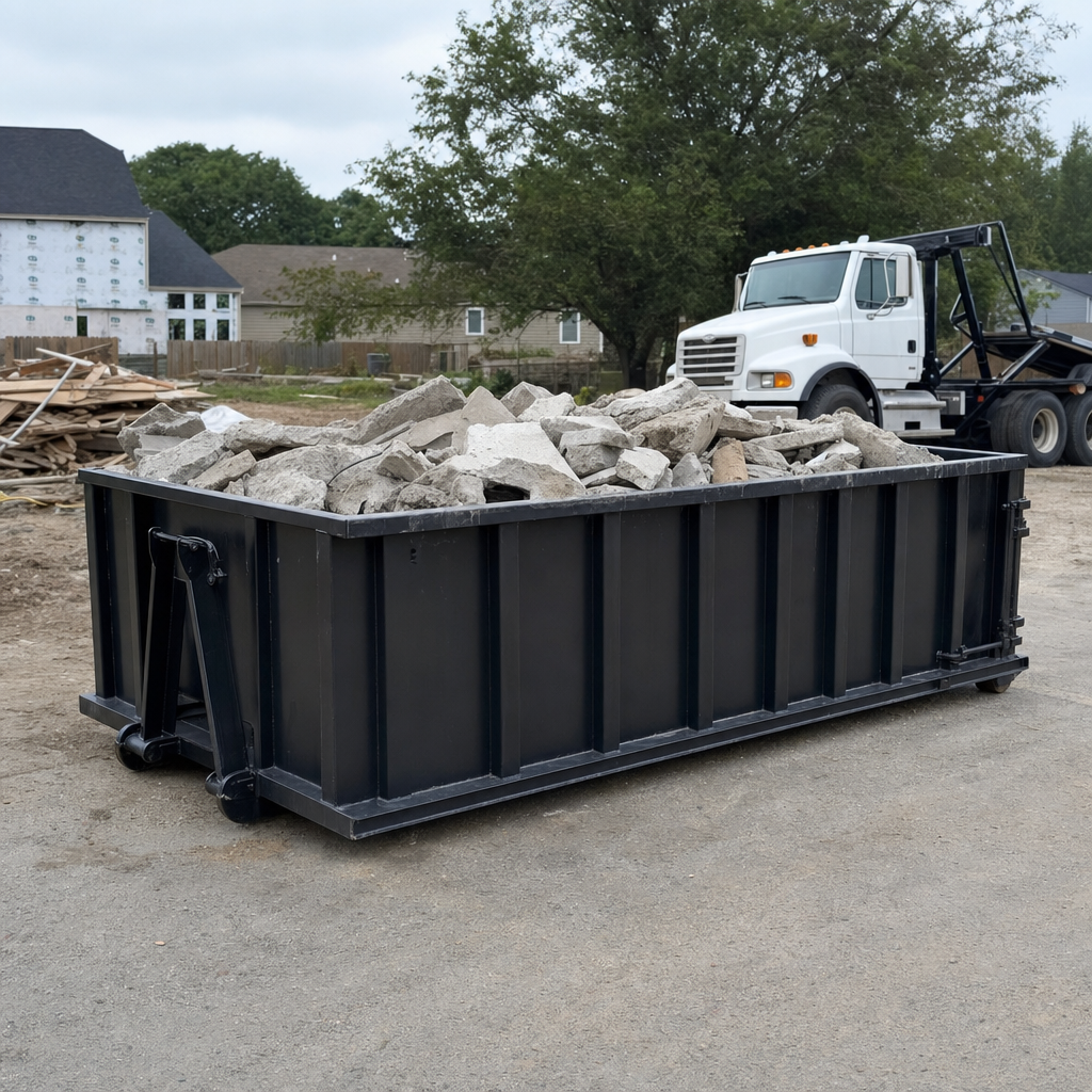 Low-profile matte-black lowboy roll-off dumpster loaded with broken concrete slab and rebar at a foundation tear-out in Olathe, skid steer parked beside it, sunny Colorado morning