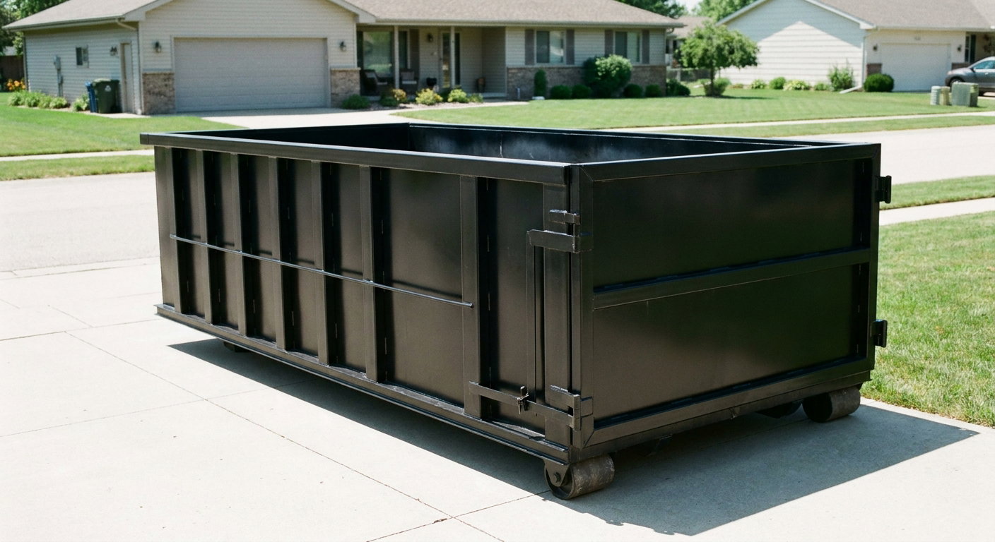 Matte-black 10-yard roll-off dumpster on a residential concrete driveway in Olathe, uniformly painted matte black across every panel and rail, ribbed steel sidewalls and rear swing door visible, mid-day daylight.