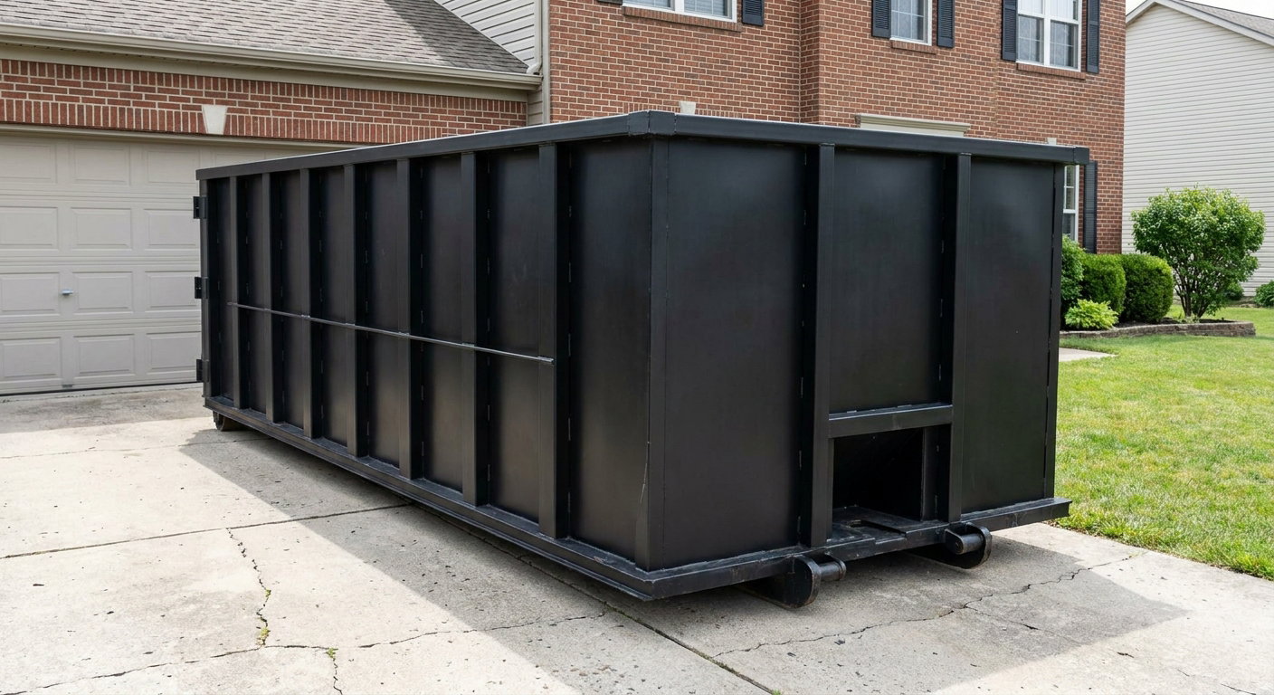 Matte-black 20-yard roll-off container on a Olathe residential concrete driveway with reinforced ribbed steel sidewalls and a hinged rear walk-in door, clean bright daylight.