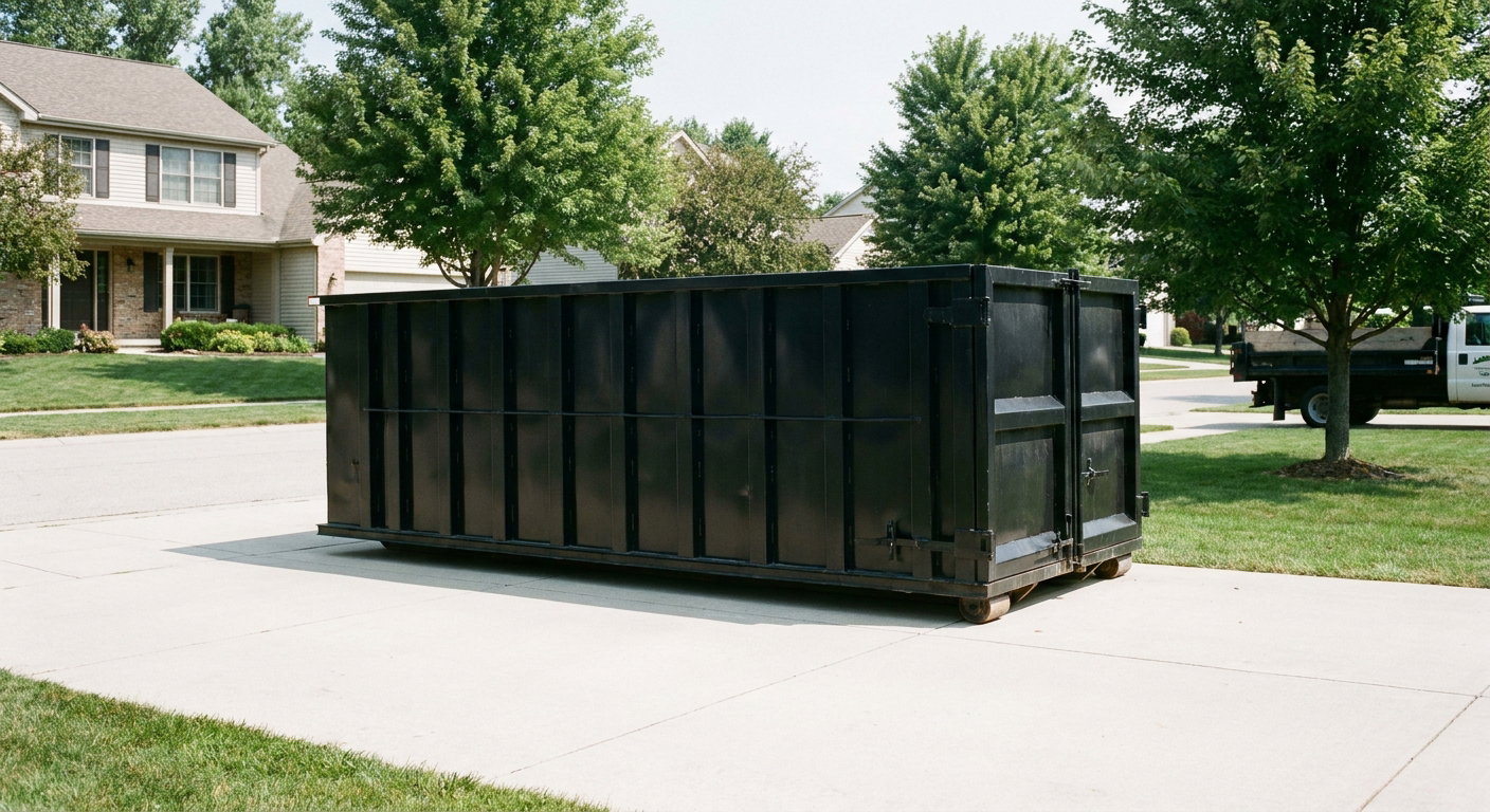 Matte-black 20-yard roll-off dumpster sitting level on a clean Olathe residential concrete driveway under bright daylight, demonstrating clean placement directly on the concrete.