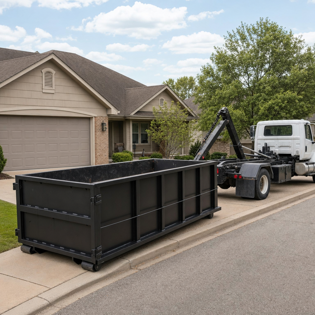 Wide documentary shot of a matte-black roll-off dumpster on a Olathe residential driveway in the foreground and a contractor jobsite container in the soft-focus background, bright daylight, calm and orderly composition.