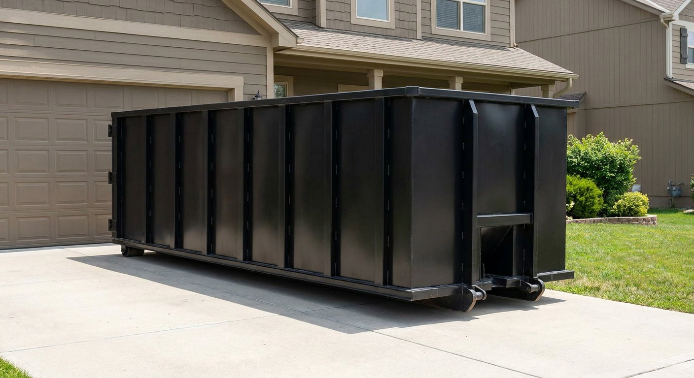 Matte-black residential roll-off dumpster sitting directly on a suburban Olathe concrete driveway, garage door closed, single-family home in background, bright morning daylight.