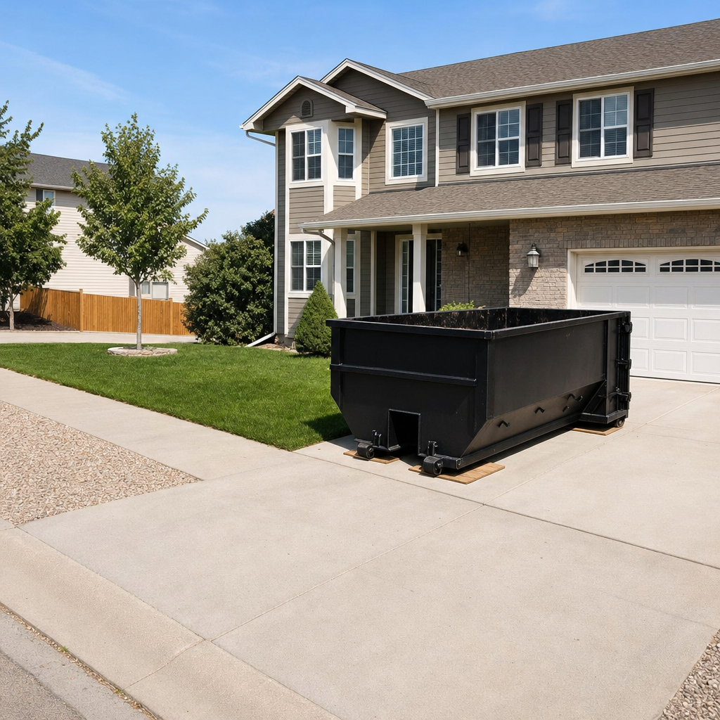10-yard matte-black residential dumpster placed directly on a narrow Olathe concrete driveway, room remains for a parked sedan beside it, mid-morning natural light