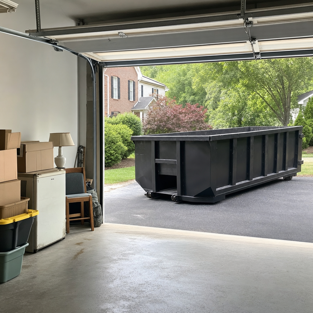 Open garage interior in a Olathe home mid-cleanout — boxed items, an old appliance, and stacked yard tools queued near the driveway for a matte-black roll-off dumpster, organized and calm