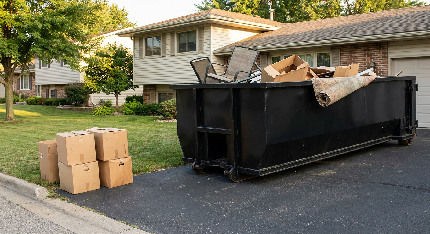 Front-yard view of a Olathe split-level home with a 20-yard matte-black roll-off dumpster sitting directly on the asphalt driveway, a few clearly labeled donation boxes staged at the curb, calm sunny afternoon.