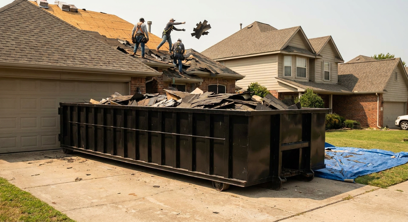 Matte-black roofing roll-off dumpster placed directly on a Olathe residential concrete driveway, a tear-off crew on a two-story asphalt-shingle roof tossing shingle bundles into the low-walled container, bright daylight, documentary 35mm perspective.