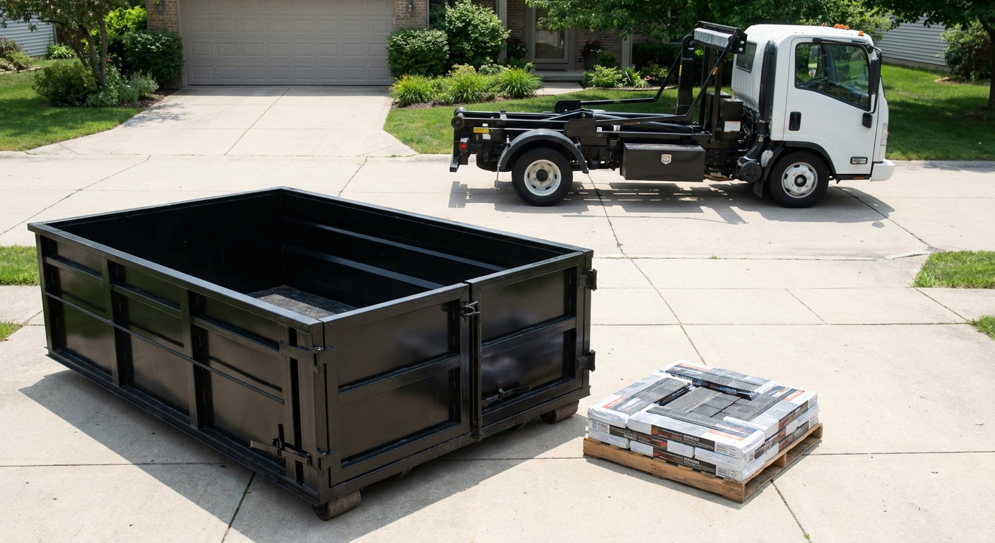 Matte-black 15-yard roofing roll-off dumpster with reinforced low side walls sitting directly on a Olathe residential concrete driveway, three-tab asphalt shingle bundles stacked nearby, an unmarked white hauler truck partially visible at the edge of the frame.