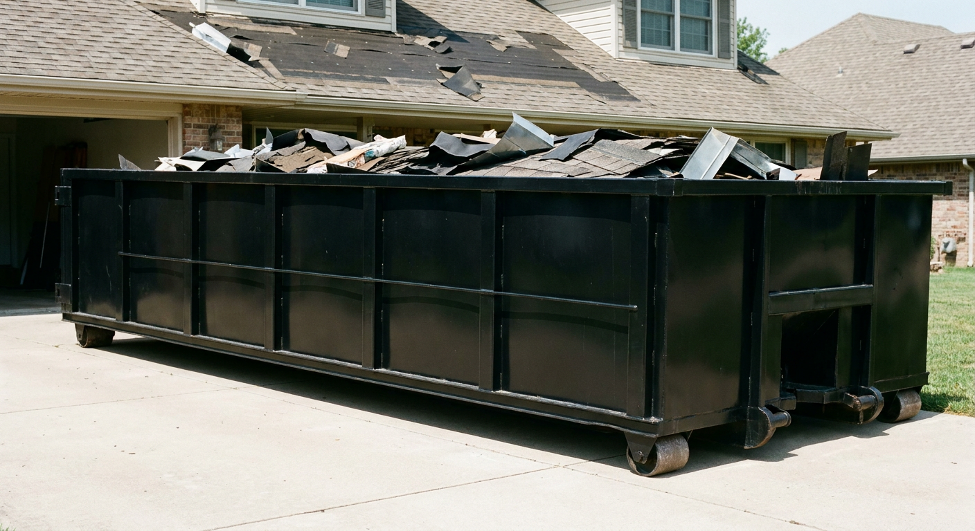 Matte-black 20-yard roofing roll-off dumpster with steel ribbed sides and swinging rear door, sitting directly on the concrete driveway of a two-story Olathe home, asphalt shingle debris being loaded over the low wall, clean documentary lighting.