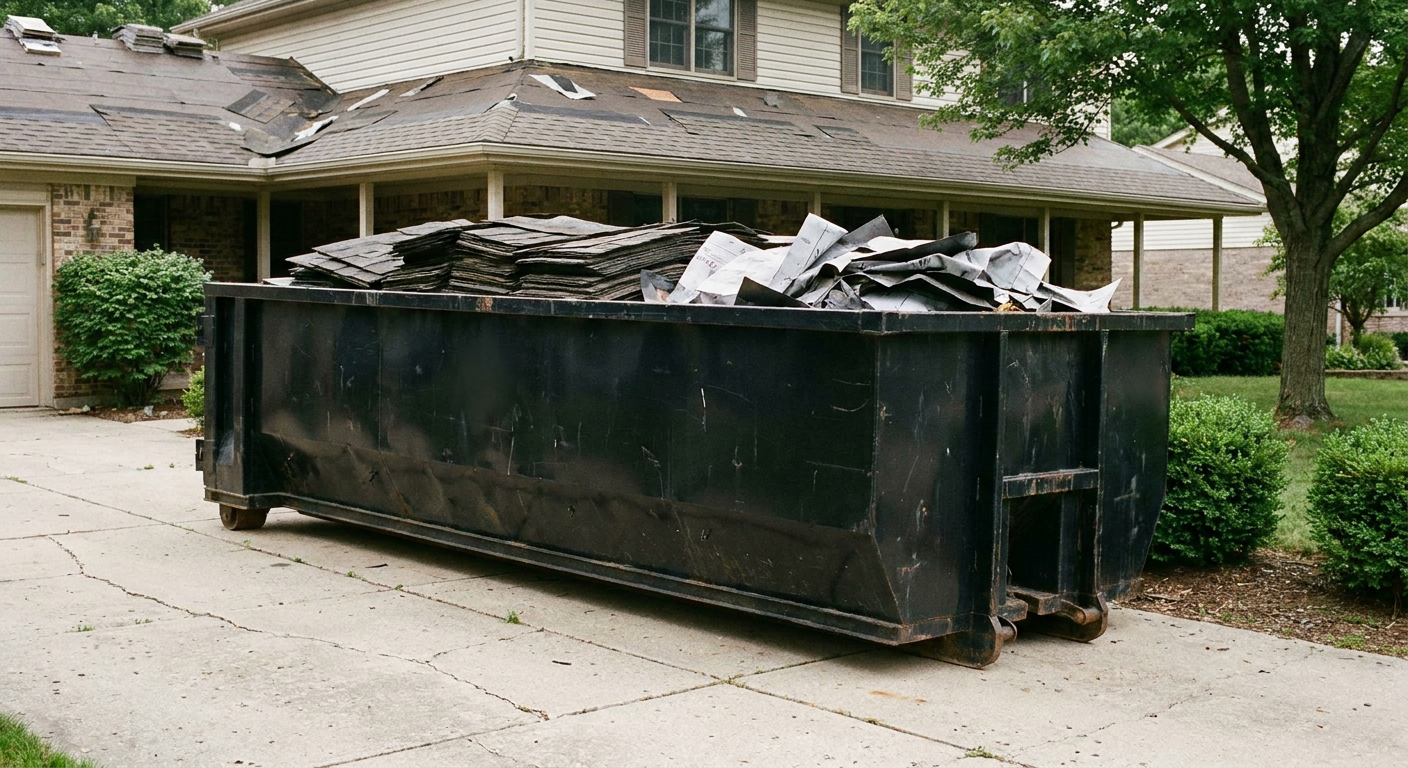 Matte-black 30-yard roofing roll-off dumpster sitting directly on a Olathe concrete driveway, taller ribbed steel side panels, mixed tear-off debris of asphalt shingles and underlayment inside, professional documentary daylight.
