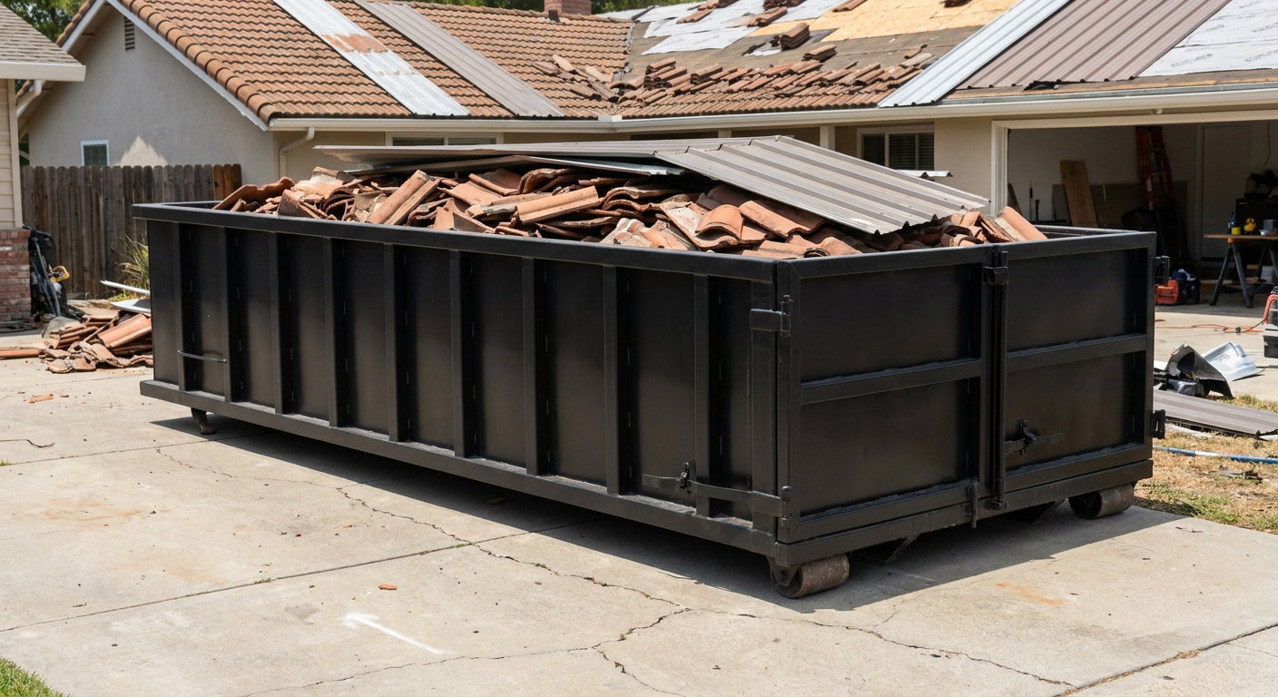 Matte-black low-wall heavy-debris roofing roll-off dumpster sitting directly on a Olathe concrete driveway, broken concrete clay roof tiles and metal panel sections loaded inside, reinforced ribbed steel side walls visible, bright outdoor daylight.