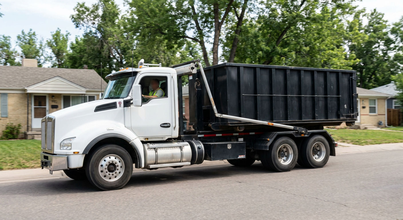 A wide documentary shot of a matte-black roll-off delivery truck pulling onto a quiet Olathe residential street at mid-morning, with neighborhood rooftops and tree-lined blocks visible behind, showing the metro coverage footprint.