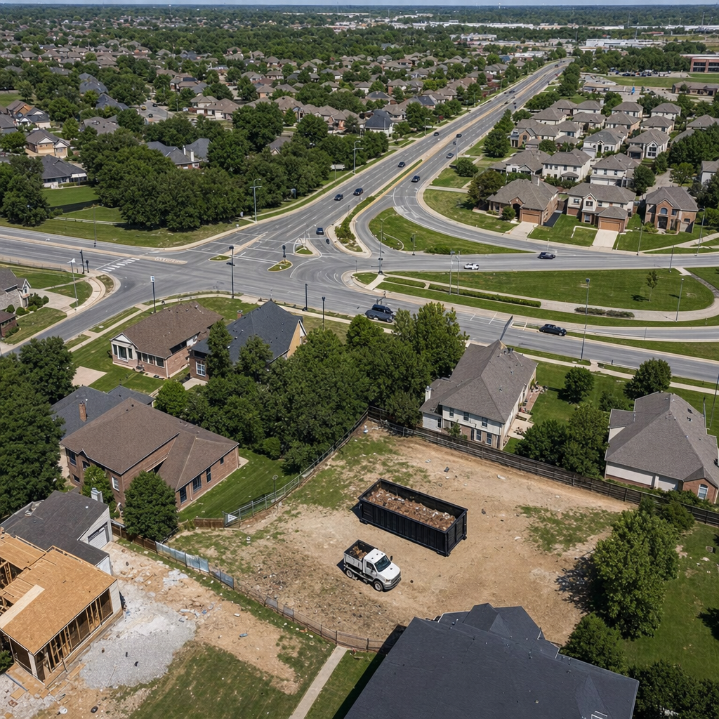 An overhead documentary view of the Olathe metro area at midday, showing the spread of neighborhoods, arterial roads, and the dispatch radius from a central yard — clean daylight, organized geographic layout.