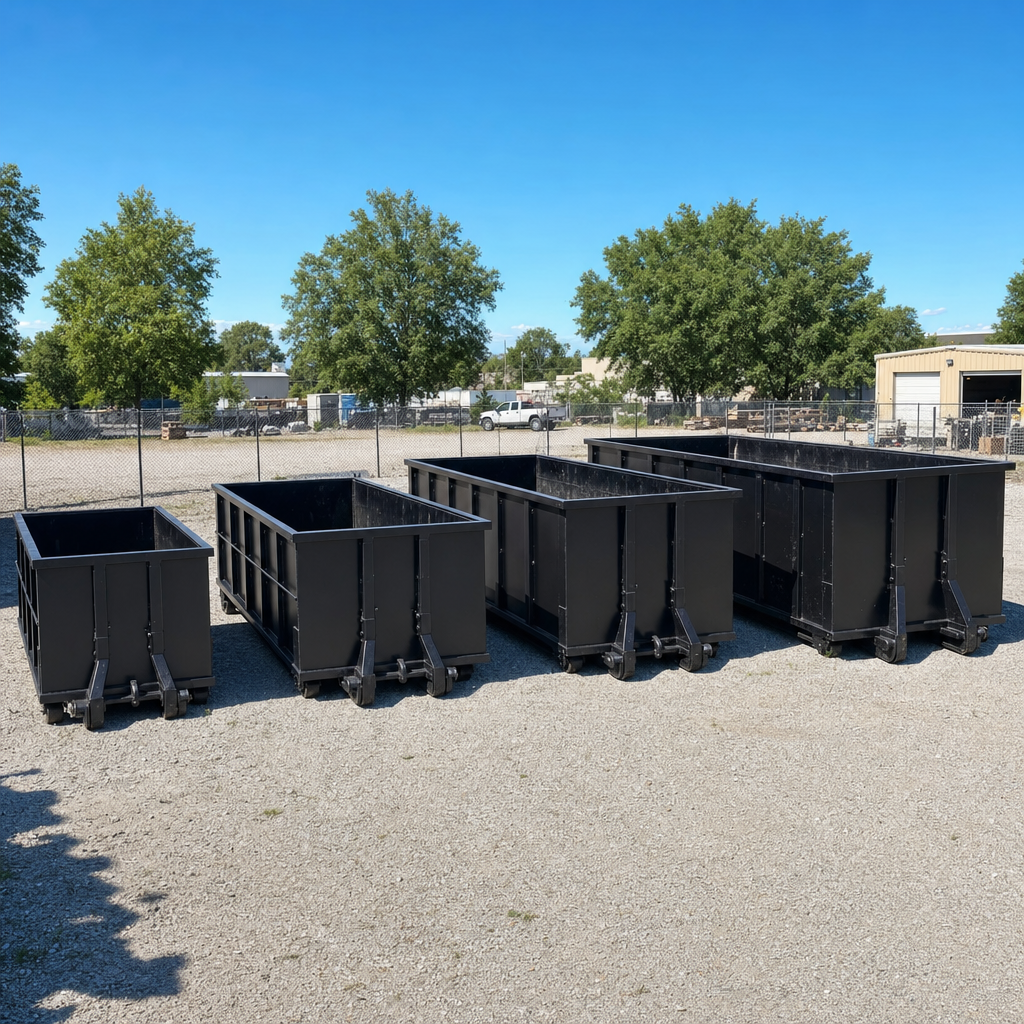 A clean lineup of matte-black roll-off dumpsters in 10, 20, 30, and 40-yard sizes staged on a sunlit gravel yard in Olathe, showing the size progression from compact to commercial-scale containers.
