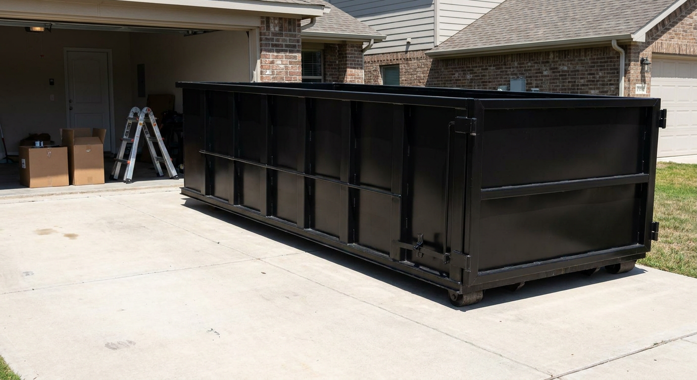 A matte-black 10-yard roll-off dumpster sitting directly on a residential Olathe concrete driveway, mid-day sunlight, clean and ready for a garage cleanout.