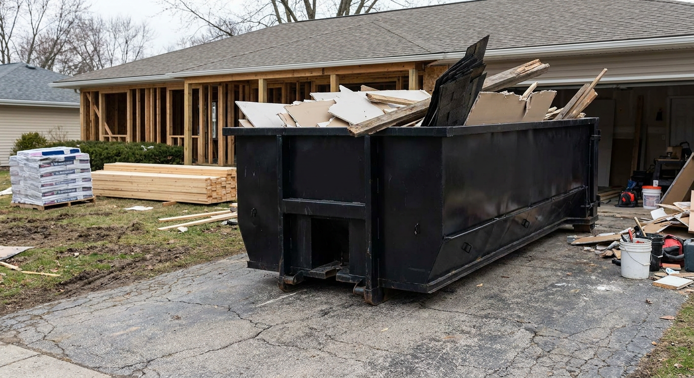A matte-black 20-yard roll-off dumpster placed alongside a mid-renovation Olathe home directly on the asphalt driveway, with framing materials and torn-off shingles staged neatly nearby.