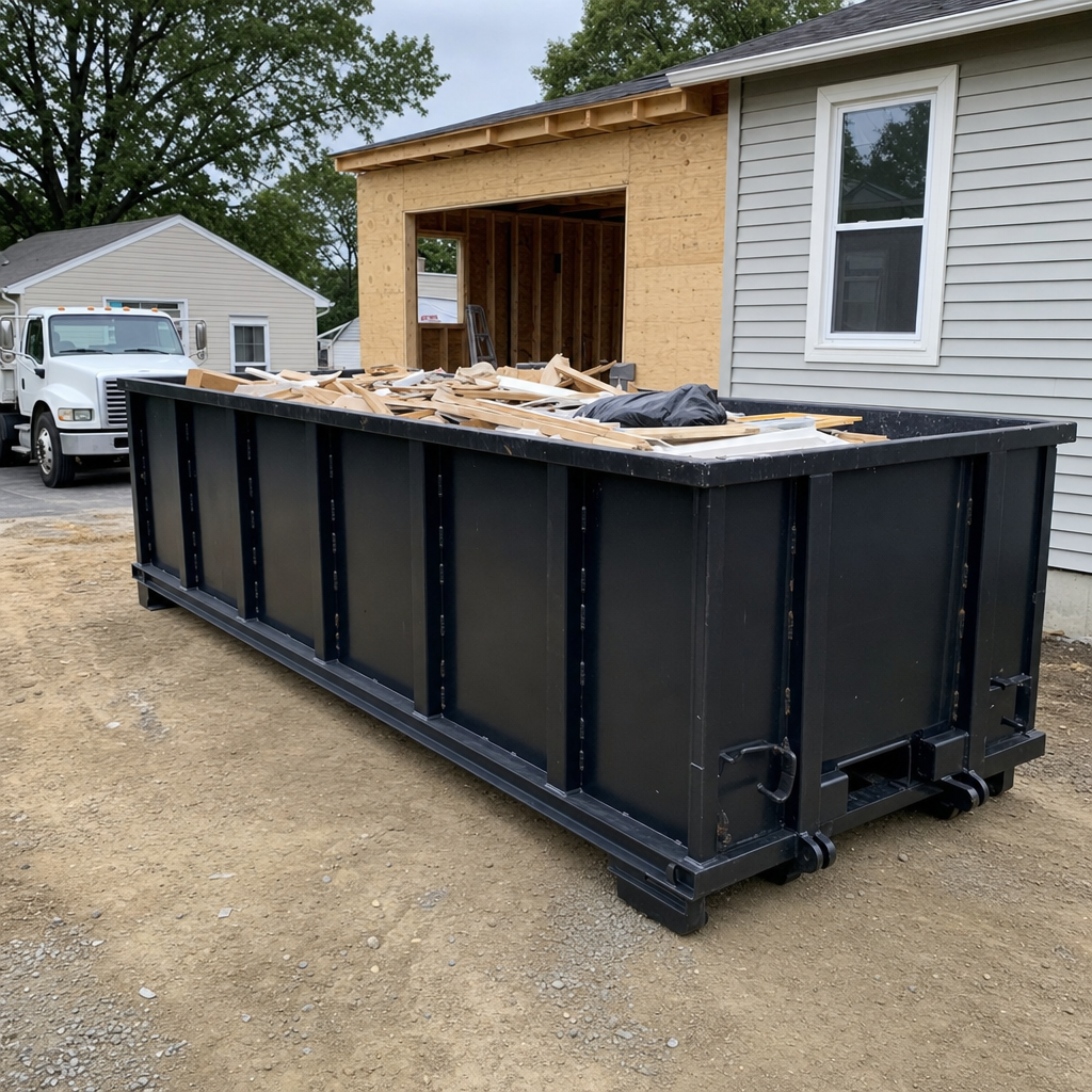 A matte-black 30-yard roll-off dumpster positioned at a Olathe residential addition jobsite, with framing lumber and drywall scraps loaded through the open swinging rear doors.