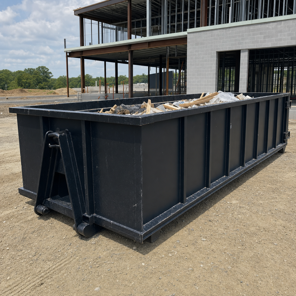 A matte-black 40-yard roll-off dumpster staged on a large Olathe commercial construction lot, with a hooklift delivery truck parked alongside under bright midday sky.