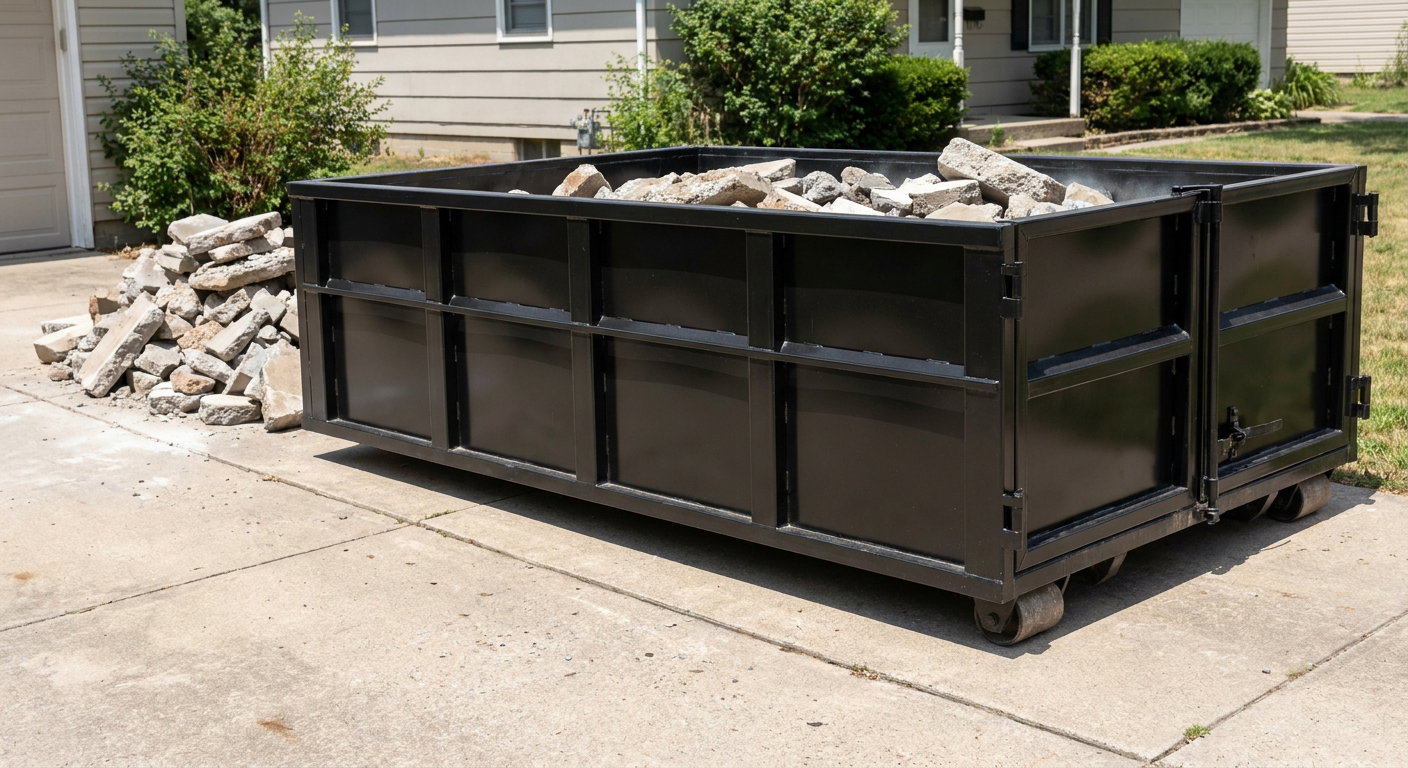 A matte-black low-side heavy-debris roll-off dumpster placed directly on a Olathe concrete driveway, with broken concrete chunks neatly stacked beside it under clean daylight.