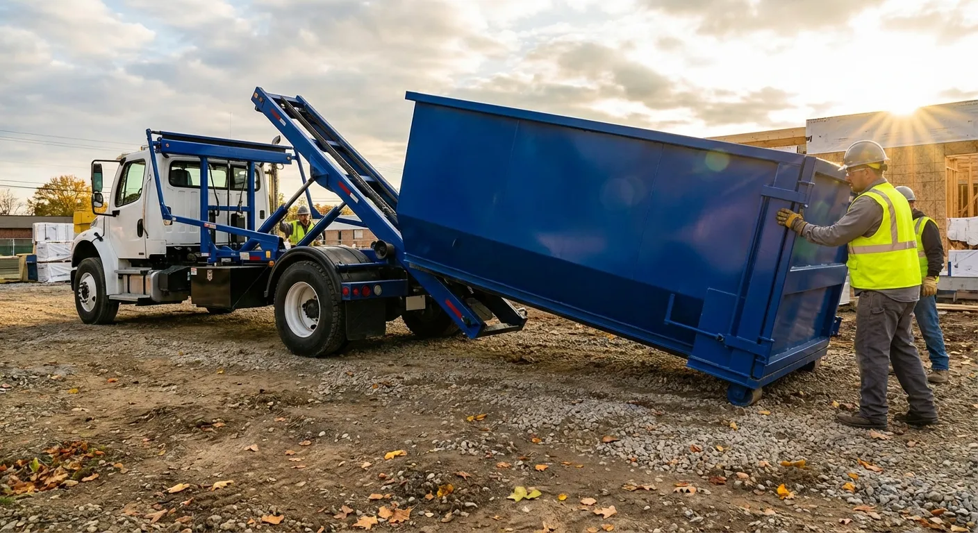 Construction dumpster delivery truck at job site in Olathe, KS