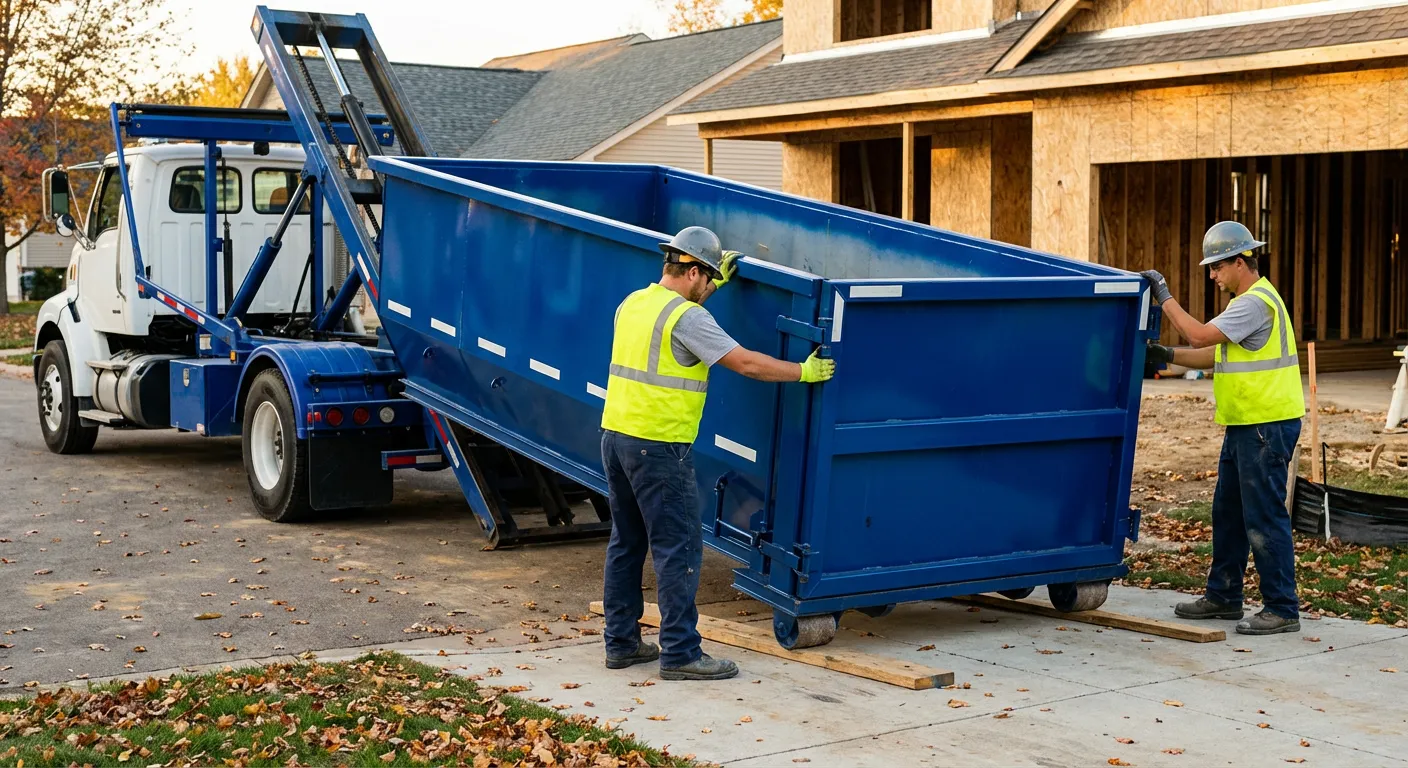 Roll-off dumpster delivery truck in residential area in Olathe, KS