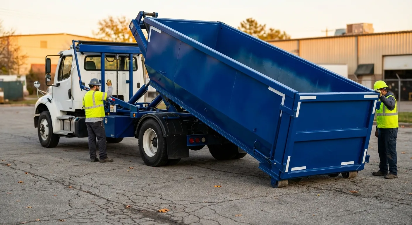Roll-off dumpster rental truck protecting driveway surfaces in Olathe, KS